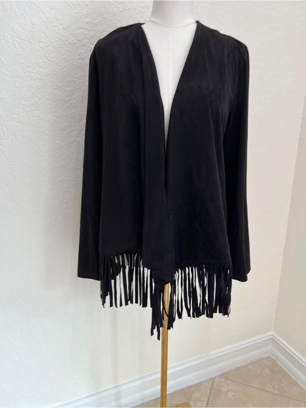 Gibson Latimer Black Faux Suede Fringe Open-Front Jacket
